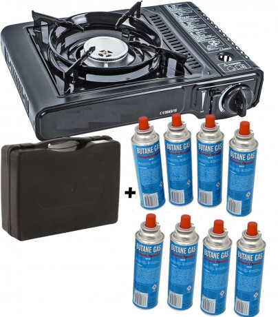 JUNG JUNG Gaskocher mobiler Campingkocher Gaskocher + 8 Kartuschen Gas, Autark verwendbar, (Gaskocher Notfall, Kartuschenkocher, Butangaskocher, praktischem Transportkoffer, erhitzen aufwarmen Lebensmittel), mobiler Gaskocher, Outdoor geeignet Camping Ko