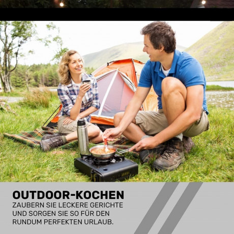 JUNG JUNG Gaskocher mobiler Campingkocher Gaskocher + 8 Kartuschen Gas, Autark verwendbar, (Gaskocher Notfall, Kartuschenkocher, Butangaskocher, praktischem Transportkoffer, erhitzen aufwarmen Lebensmittel), mobiler Gaskocher, Outdoor geeignet Camping Ko