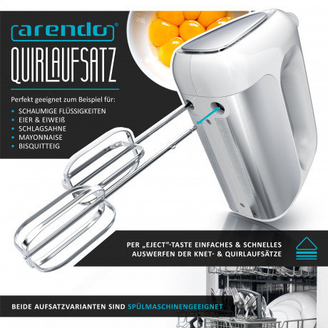 Arendo Arendo Handmixer, 500 W, Elektrischer Handruhrer inkl. 2 Quirle  2 Knethaken, Handruhrgerat  Ручной миксер Arendo, 500 Вт, электрический ручной миксер, включая 2 венчика и 2 крюка для теста, ручной миксер