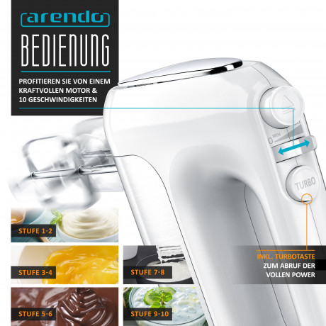 Arendo Arendo Handmixer, 500 W, Elektrischer Handruhrer inkl. 2 Quirle  2 Knethaken, Handruhrgerat  Ручной миксер Arendo, 500 Вт, электрический ручной миксер, включая 2 венчика и 2 крюка для теста, ручной миксер