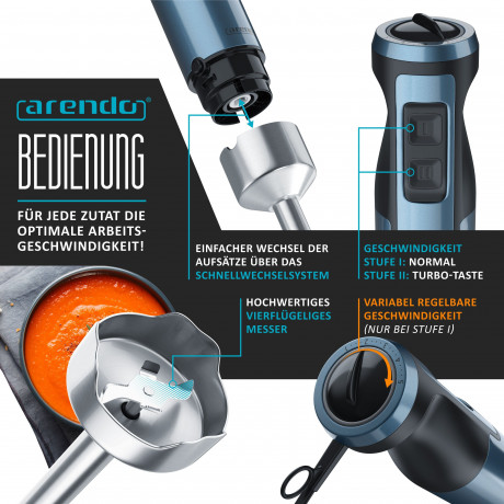 Arendo Arendo Stabmixer, 1000 W, Edelstahl, Purierstab, Turbotaste, abnehmbarer Mixfuss, Messbecher  Ручной блендер Arendo, 1000 Вт, нержавеющая сталь, стержень для пюре, турбо-кнопка, съемная ножка для смешивания, мерный стакан.