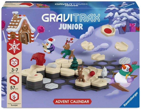 Ravensburger GraviTrax Junior Adventskalender 2026, Starter-Set Pinguin-Abenteuer, 24 Tuerchen, Ravensburger GraviTrax Junior Адвент-календарь 2026 Стартовый набор «Приключение пингвинов» для создания шариковой трассы, 24 окошка