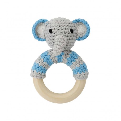 SindiBaba® Greifling Elefant JUMBO gehakelt mit Rassel und Holzring Игрушка-клатч слон ДЖАМБО связан крючком с погремушкой и деревянным кольцом