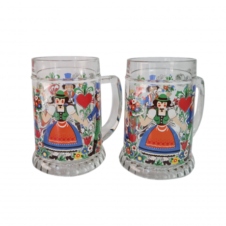 Кружка пивная винтажная W.Germany с ярким декором "Влюбленная парочка", стекло, 0.5 л, 2 шт., 14,5 см, Германия, 1960-70гг.