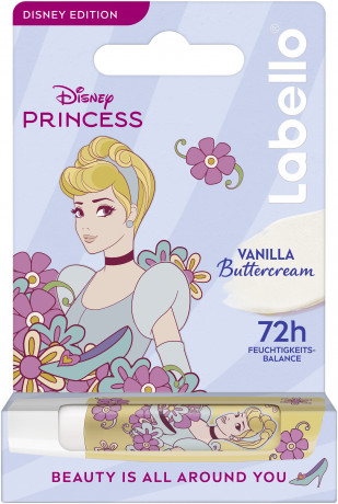 Labello Disney Princess Cinderella Vanilla Buttercream, Бальзам для губ коллекция Дисней Принцесса Золушка, с маслом ши и церамидами для питания и защиты от сухости, аромат ванили, 4,8 г