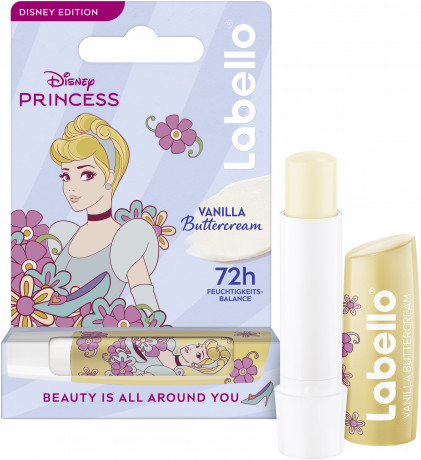 Labello Disney Princess Cinderella Vanilla Buttercream, Бальзам для губ коллекция Дисней Принцесса Золушка, с маслом ши и церамидами для питания и защиты от сухости, аромат ванили, 4,8 г