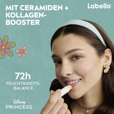 Labello Disney Princess Cinderella Vanilla Buttercream, Бальзам для губ коллекция Дисней Принцесса Золушка, с маслом ши и церамидами для питания и защиты от сухости, аромат ванили, 4,8 г