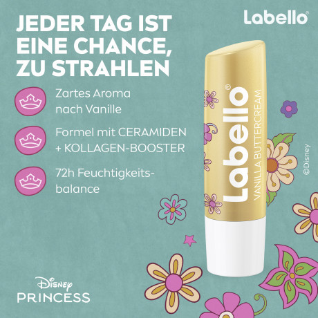 Labello Disney Princess Cinderella Vanilla Buttercream, Бальзам для губ коллекция Дисней Принцесса Золушка, с маслом ши и церамидами для питания и защиты от сухости, аромат ванили, 4,8 г