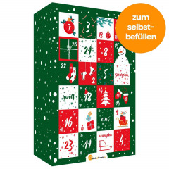 World of Sweets Adventskalender 2026 zum Selbstbefüllen, Пустой адвент-календарь 2026 для наполнения, зелёно-красный дизайн, 24 отделения, 32,5 × 45,5 × 14,5 см