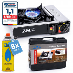 ZMC ZMC Gaskocher Edelstahl Gaskocher 1-flammig + Aufbewahrungskoffer + 28 Gaskartuschen, (Butangas Campingkocher fur Innenraum/Outdoor, Campinggaskocher 2,2 kW mit Piezozundung), Kochfeld Herd Gaskocher mit Kartusche, Gaskochfeld fur Camping  Газовая пли