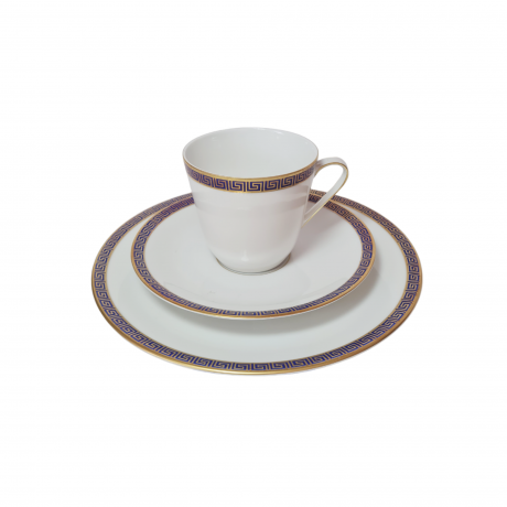 Чайное трио винтажное PMR Jager & Co Bavaria, белый фарфор с золотисто-голубым узором, 9,5 x 7 см / 15 см / 20,5 см, Германия, 1960-70гг.