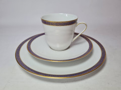 Чайное трио винтажное PMR Jager &amp; Co Bavaria, белый фарфор с золотисто-голубым узором, 9,5 x 7 см / 15 см / 20,5 см, Германия, 1960-70гг.