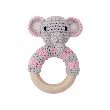 SindiBaba® Greifling Elefant JUMBO gehakelt mit Rassel und Holzring Игрушка-клатч слон ДЖАМБО связан крючком с погремушкой и деревянным кольцом