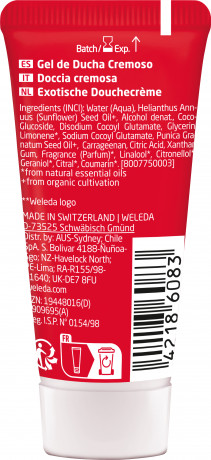 WELEDA Inspire - Schoenheitsdusche Granatapfel, 20 ml, Крем-гель для душа Inspire с гранатом и ароматом апельсина, даваны и ванили, дорожный формат, 20 мл