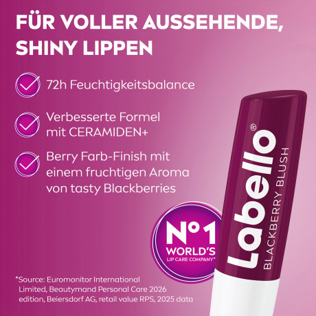 Labello Blackberry Blush, Оттеночный бальзам для губ с маслом ши и церамидами для питания и защиты от сухости, аромат ежевики, 4,8 г