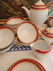 Hutschenreuther Arzberg Bavaria Чайный набор фарфоровый в красных тонах с золотым узором, на 6 персон, Германия, 1960-70гг.