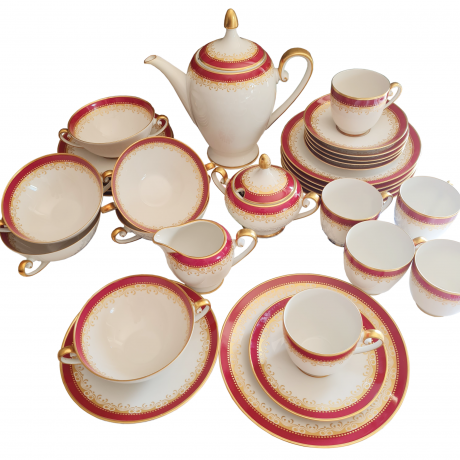 Hutschenreuther Arzberg Bavaria Чайный набор фарфоровый в красных тонах с золотым узором, на 6 персон, Германия, 1960-70гг.