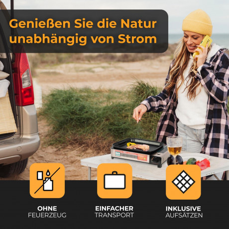 ZMC ZMC Gaskocher 2in1 Gas Kocher Campingkocher + Grillplatte + Grillpfanne Gasgrill, (Gasbrenner Tischgrill inkl. Transportkoffer fur:Indoor/Outdoor Warmeleistung: 2,1KW), + 8x 227g MSF-1a Gaskartuschen Tragbarer Camping Kocher Herd Gaskocher  Газовая пл