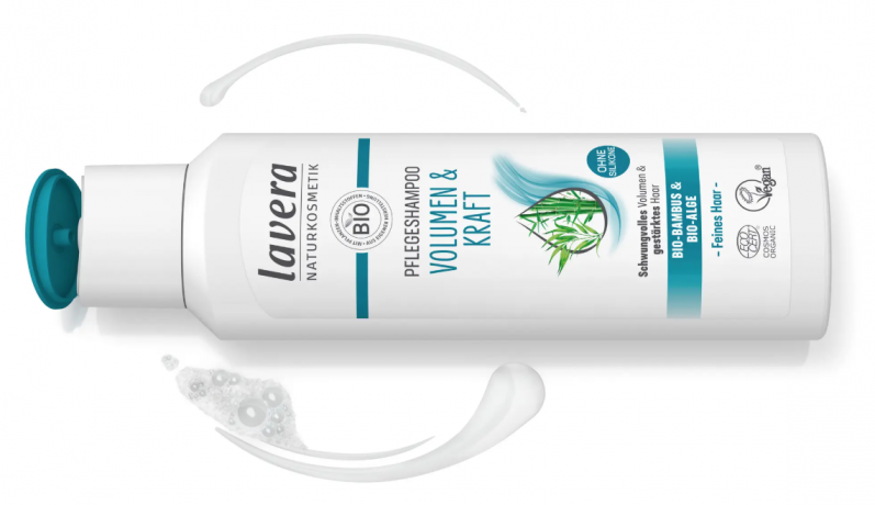 lavera Volumen & Kraft Shampoo, Шампунь для объема и силы с органическим бамбуком и органическими водорослями для большей пышности и упругости тонких волос, 250мл
