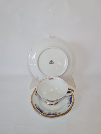 Чайное трио винтажное Wakbrzych с сине-розовым декором и позолотой, Польша, 1960-70гг.