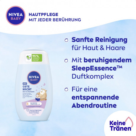 NIVEA BABY Gute Nacht Bad & Shampoo, 200 ml, Нивеа Детский шампунь и гель для купания, миндальное масло, без слёз, расслабляющий, 200 мл
