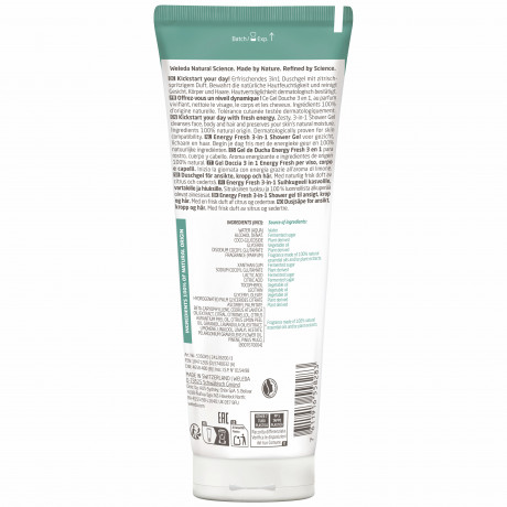 Weleda Energy Fresh Duschgel for Men, 200 ml, Мужской гель для душа Energy Fresh 3 в 1 для тела, лица и волос с лимоном и кедром, 200 мл