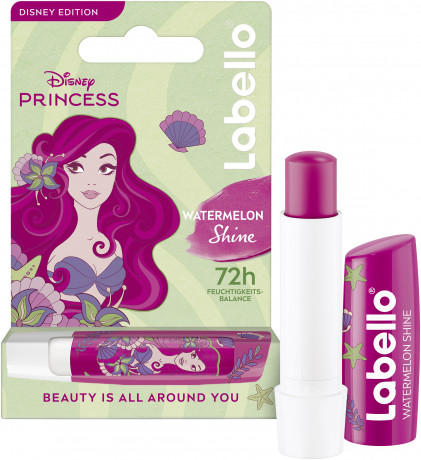 Labello Disney Princess Ariel Watermelon Shine, Бальзам для губ коллекция Дисней Принцесса Ариэль, с маслом ши и церамидами для питания и защиты от сухости, аромат арбуза, 4,8 г