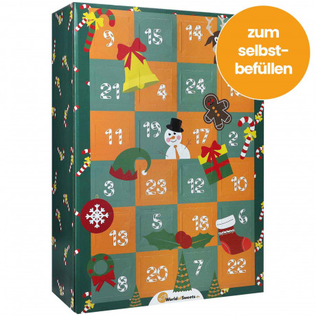 World of Sweets Adventskalender 2026 'orange-grün' zum Selbstbefüllen, Пустой адвент-календарь 2026 orange-grün для наполнения, 24 крупных отделения, 32,5 × 45,5 × 14,5 см
