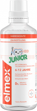 elmex Mundspuelung Kariesschutz Junior, 6-12 Jahren, 400 ml, Детский ополаскиватель Junior Kariesschutz с фторидом и мягким мятным вкусом, 6–12 лет, 400 мл