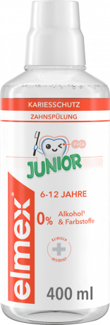 elmex Mundspuelung Kariesschutz Junior, 6-12 Jahren, 400 ml, Детский ополаскиватель Junior Kariesschutz с фторидом и мягким мятным вкусом, 6–12 лет, 400 мл
