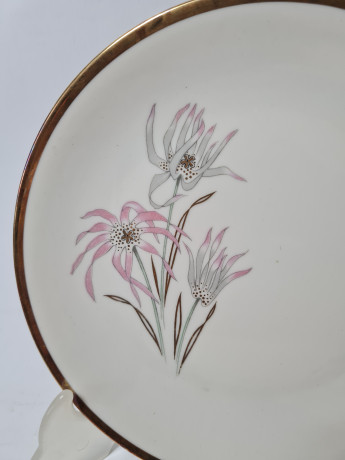 Seltmann Weiden Bavaria Стильное чайное трио "Серо-розовые цветы" с позолоченным ободком, Германия, 1960-70гг.