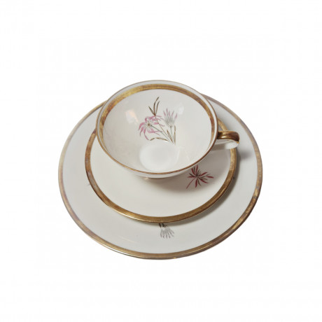 Seltmann Weiden Bavaria Стильное чайное трио "Серо-розовые цветы" с позолоченным ободком, Германия, 1960-70гг.