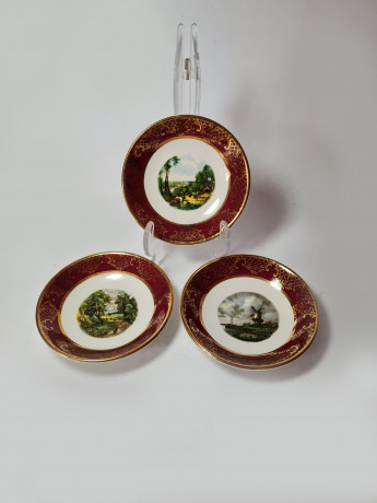 Royal Falcon Декоративные тарелки с позолотой по бордовому краю "Пейзажи", 3 шт х 10,5см, Англия