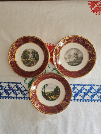 Royal Falcon Декоративные тарелки с позолотой по бордовому краю "Пейзажи", 3 шт х 10,5см, Англия