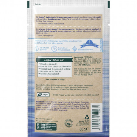 Kneipp Badekristalle Tiefenentspannung, 60 g, Kneipp кристаллы для ванны «Глубокое расслабление» с пачули и сандалом, 60 г