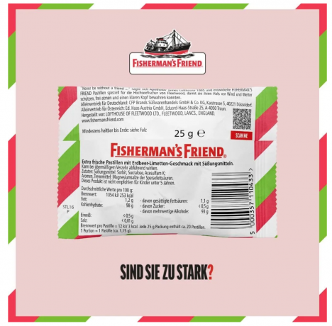 Fisherman's Friend Strawberry Lime 24st x 25g, Клубника и Лайм, без сахара, 24 шт x 25 г, леденцы для горла, освежающие и успокаивающие