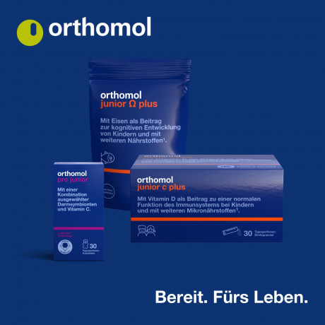 Orthomol Pro junior Kombination ausgewahlter darmsymbionten und Vitamin C, 30 Kautabletten, Высокоэффективный пробиотик с бифидобактериями, лактобактериями и витамином С, жевательные таблетки со вкусом клубники, для детей с 4ех лет, 30шт (курс на 30 дней)