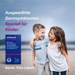 Orthomol Pro junior Kombination ausgewahlter darmsymbionten und Vitamin C, 30 Kautabletten, Высокоэффективный пробиотик с бифидобактериями, лактобактериями и витамином С, жевательные таблетки со вкусом клубники, для детей с 4ех лет, 30шт (курс на 30 дней)
