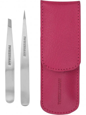 TWEEZERMAN Pinzetten Petite Set, Пинцет для бровей и ресниц (США), набор, нержавеющая сталь, ручная заточка, скошенный и острый кончики, эргономичный, розовый