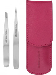 TWEEZERMAN Pinzetten Petite Set, Пинцет для бровей и ресниц (США), набор, нержавеющая сталь, ручная заточка, скошенный и острый кончики, эргономичный, розовый