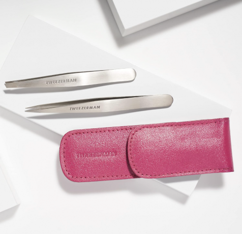 TWEEZERMAN Pinzetten Petite Set, Пинцет для бровей и ресниц (США), набор, нержавеющая сталь, ручная заточка, скошенный и острый кончики, эргономичный, розовый