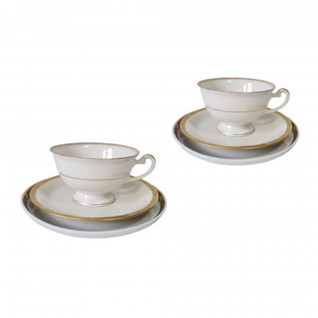 Набор чайный винтажный Hutschenreuther, белый фарфор с золотым узором, трио - 2 шт., Германия, 1960-1970гг.