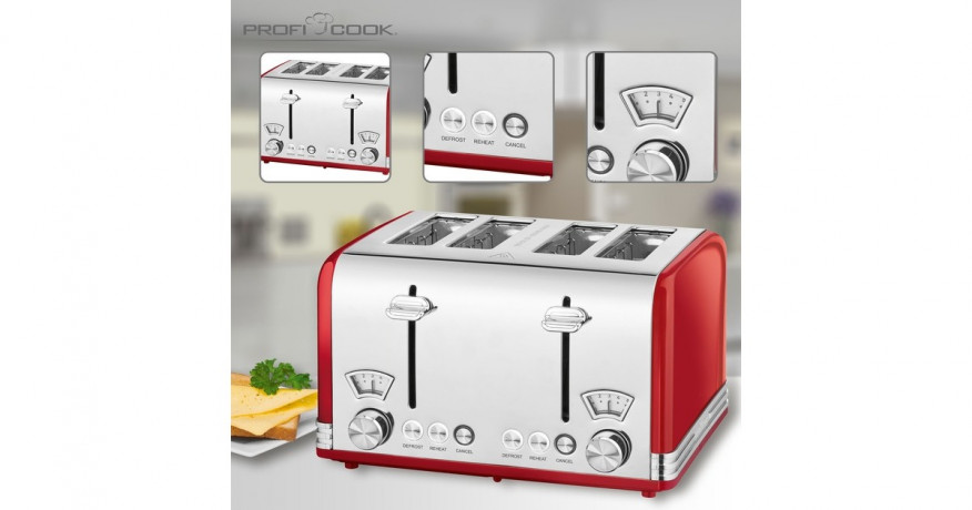 ProfiCook ProfiCook Toaster Vintage PC-TA 1194 rot/chrom, 1.630 Watt, fur 4 Scheiben Toast  rot/chrom Тостер ProfiCook Vintage PC-TA 1194 красный/хром, 1630 Вт, на 4 ломтика тостов