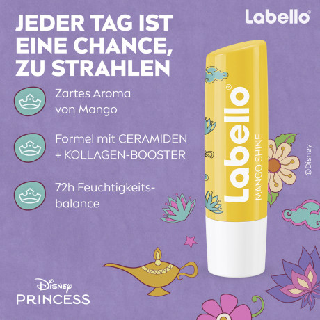 Labello Disney Princess Jasmin Mango Shine, Бальзам для губ коллекция Дисней Принцесса Жасмин, с маслом ши и церамидами для питания и защиты от сухости, аромат манго, 4,8 г