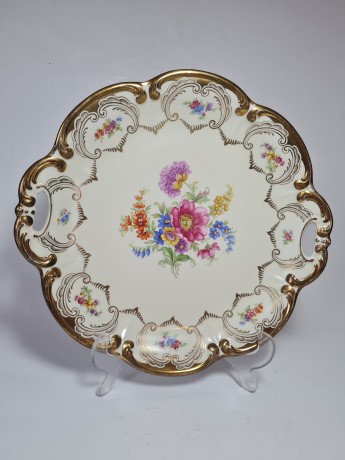 German porcelain, Винтажная фарфоровая Тарелка с цветами и обильной позолотой, 28см, 1960г.