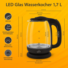 T24 T24 Wasserkocher Borosilikatglas Wasserkocher mit LED 2200 Watt 1,7 Liter THV schwarz, 1.7 l, 2200 W  Чайник T24 Чайник из боросиликатного стекла со светодиодной подсветкой 2200 Вт 1,7 л THV черный, 1,7 л, 2200 Вт