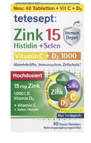 tetesept Zink 15 Immun Depot 40st, Цинк для иммунитета с технологией медленного высвобождения депо, 40 таблеток