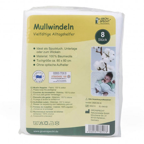 Grunspecht Naturprodukte 8 Mullwindeln 80x80cm weiss 8 муслиновых подгузников 80x80см белые