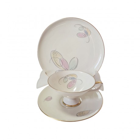 Чайное трио винтажное Schumann Arzberg в нежных пастельных тонах, позолота, ручная роспись, Германия, 1960-70гг.