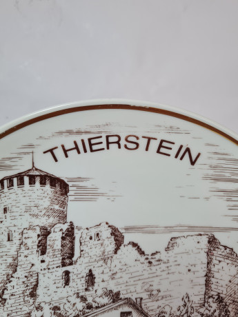 Декоративная тарелка винтажная Wundsiedel Bavaria, белый фарфор с изображением г. Тирштайна  в коричневых тонах, 25 x 3,5, Германия, 1960-70гг.
